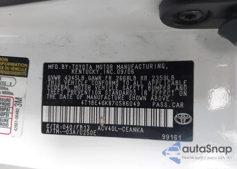 2007 Toyota Camry Le из США, поврежденный, VIN 4T1BE46K87U586049